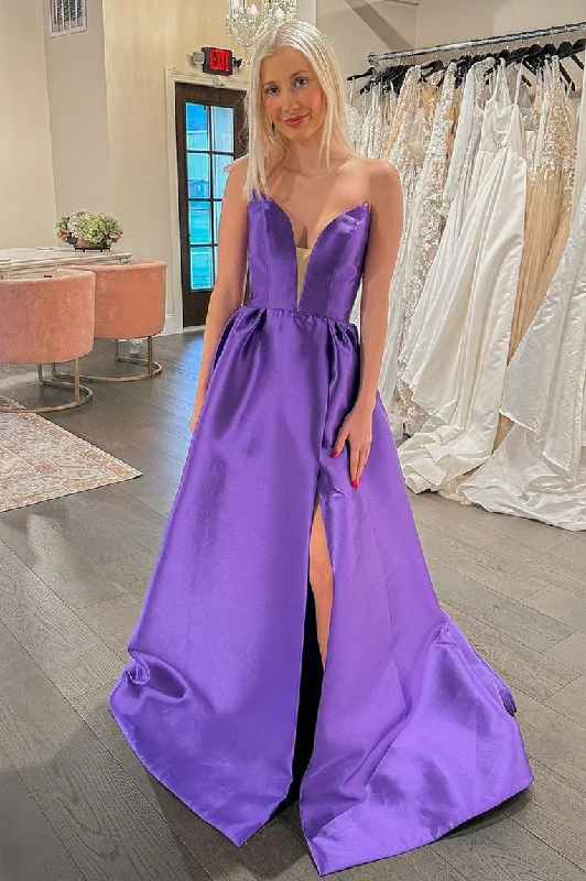 Special Offer Purple Strapless Plunging V Neck Satin Long Prom Dress with Slit