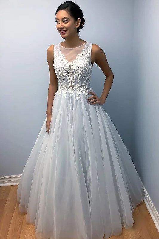 Year-End Clearance Long Lace-Up Back A-line Light Blue Wedding Dress with Appliques