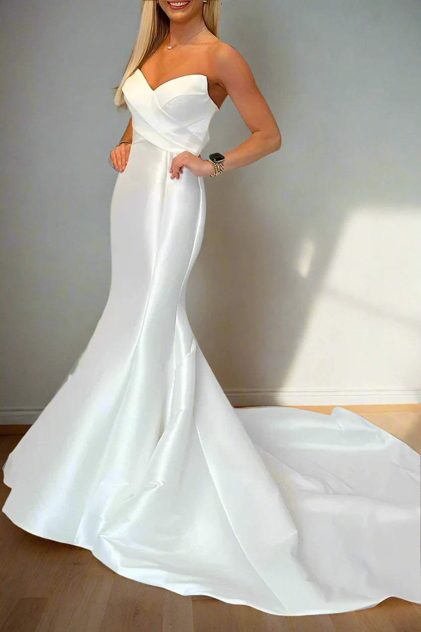 Price Reduction Strapless Satin Mermaid Wedding Dress with Pleated