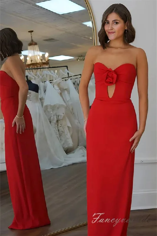 Super Bargain Strapless Red Keykol Satin Long Prom Dress with Floral