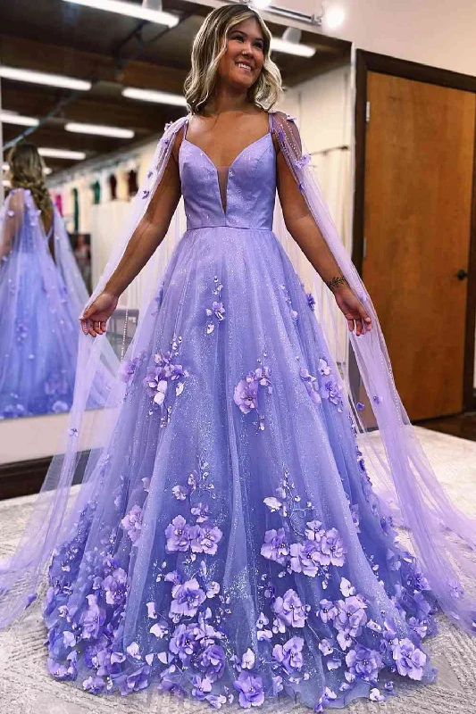 YEAR-End Sale Princess Lavender 3D Flowers Tulle Formal Dress with Cape