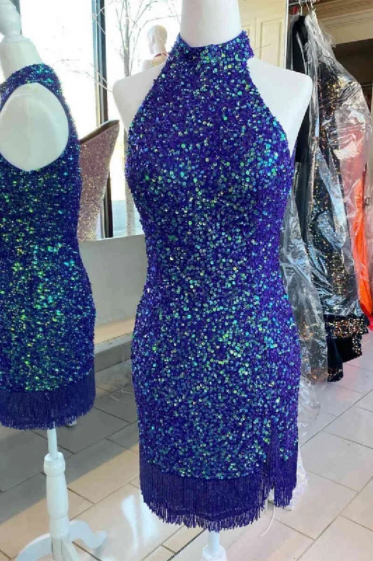 New Markdowns Blue High Neck Sequined Bodycon Homecoming Dress with Fringe