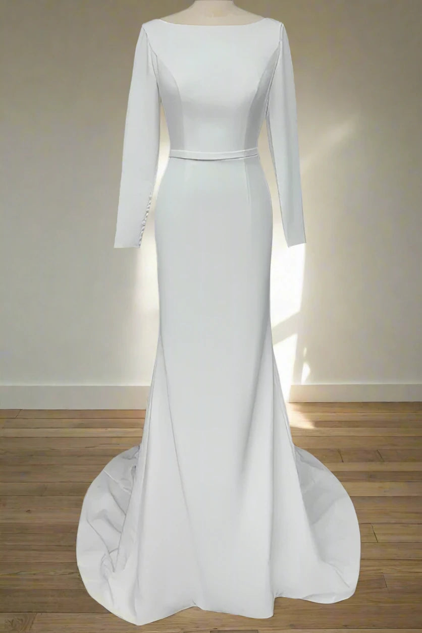 Holiday Sale Long Sleeves Satin Wedding Dress with Crew-Neck
