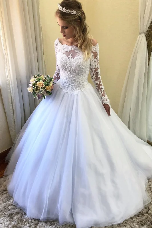 Price Drop Alert Princess Long Sleeves Lace-Up Back White Wedding Dress with Lace