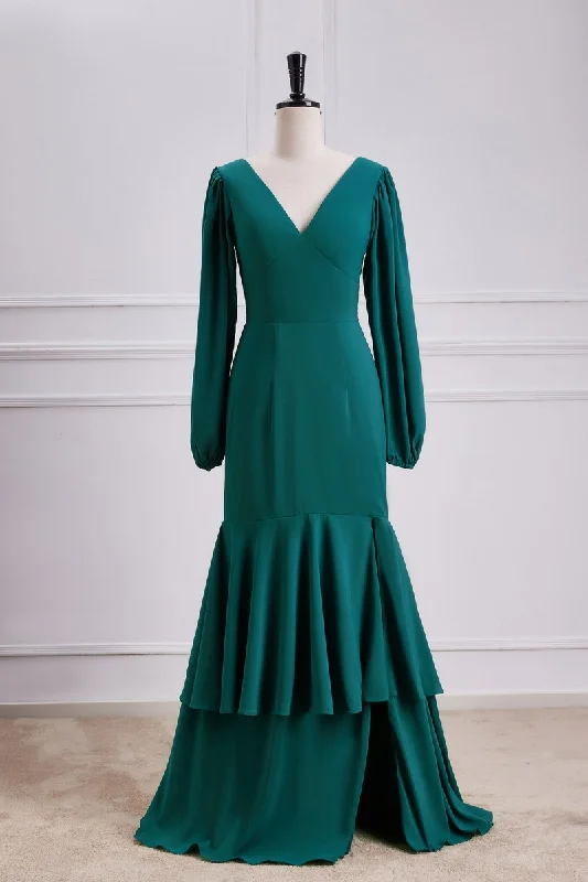 YEAR-End Clearance Elegant V Neck Emerald Green Mermaid Skirt Slit Bridesmaid Dresses