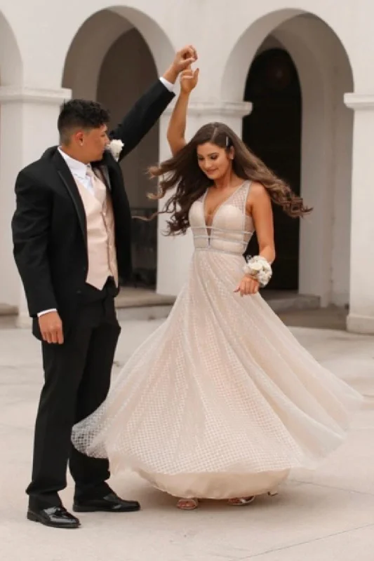 Online Only V-Neck Mesh Long Ivory Prom Dress with Open Back