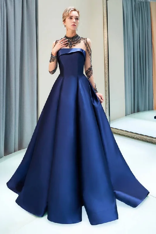 Extra Savings Illusion Sleeves High Neck Navy Blue Ball Gown Prom Dress with Crystals