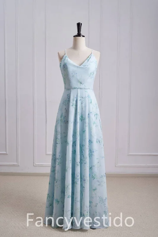 Discount Deals Straps Cowl Neck Floral Print Chiffon Bridesmaid Dress