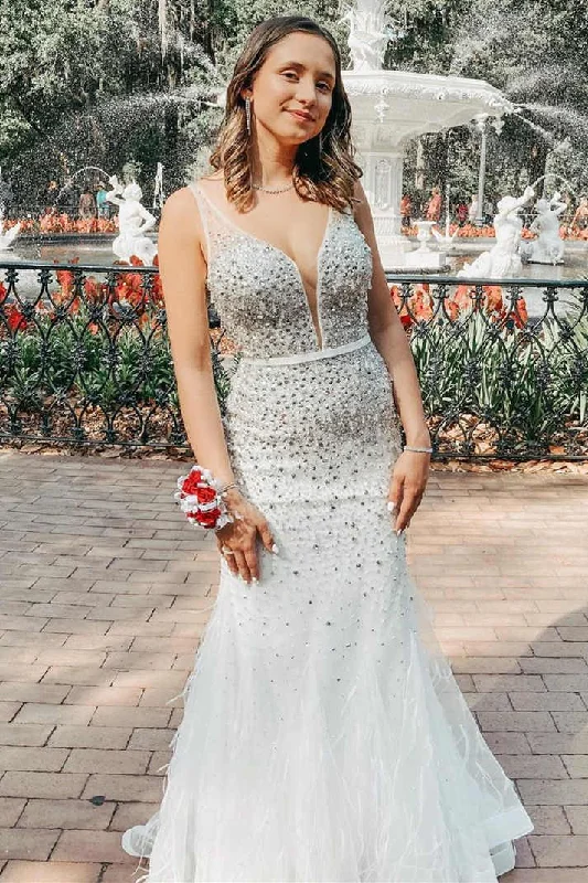 Amazing Deals Plunging V-Neck White Beaded Long Prom Dress