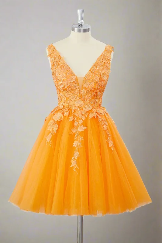 Steals and Deals V-Neck Orange 3D Floral A-Line Short Homecoming Dress