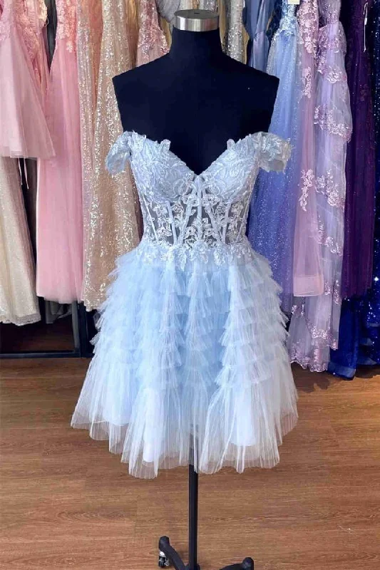 Exclusive Deal Light Blue Off-the-Shoulder Corset Tiered Short Homecoming Dress