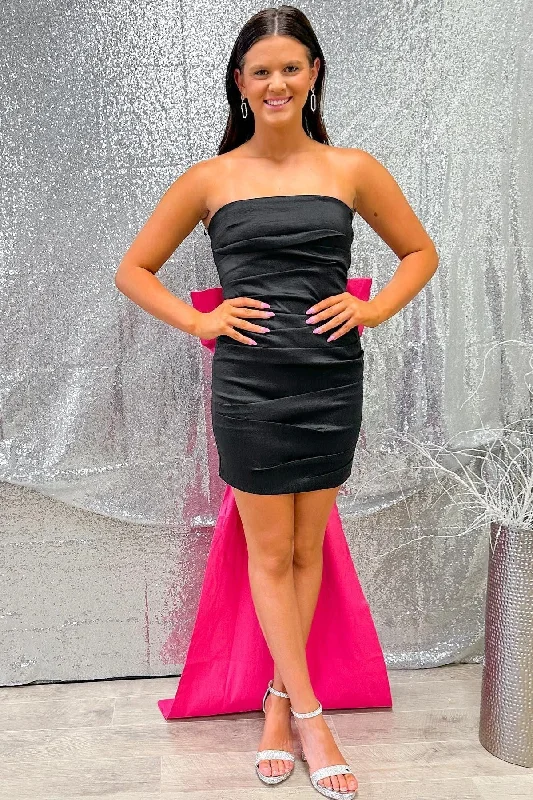 Daily Deals Black Strapless Bodycon Homecoming Dress with Fuchsia Bow