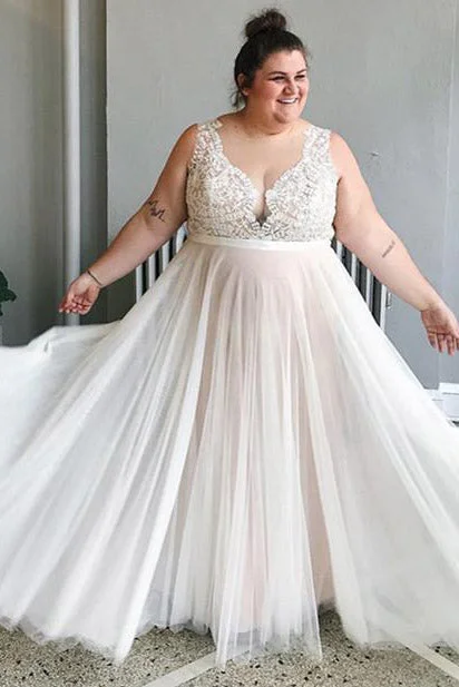Midnight Madness Plus Size Illusion Neck A-line Ivory Wedding Dress with Lace Top