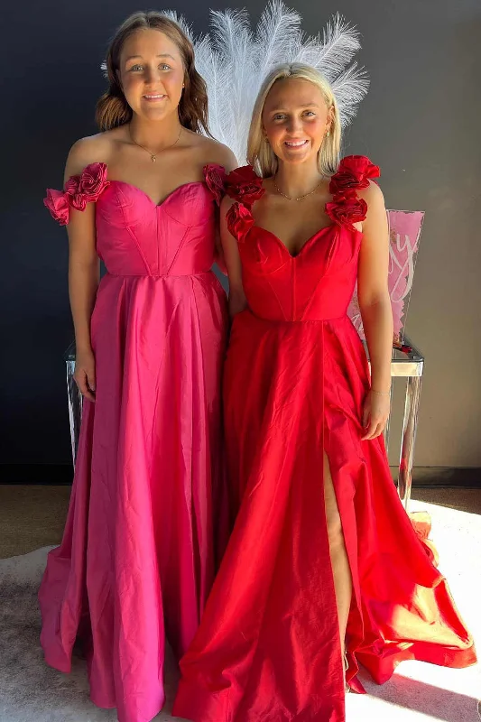 Special Price Straps Rosette Red A-Line Slit Long Prom Dress