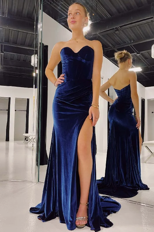 Clearance Sale Mermaid Sweetheart Navy Blue Velvet Long Prom Dress