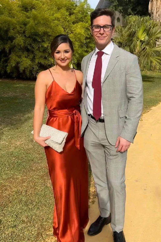 Final Clearance Straps V-Neck Burnt Orange Long Bridesmaid Dress