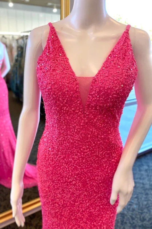 Special Buy Hot Pink Sequins Straps Plunging V Neck Long Prom Dress