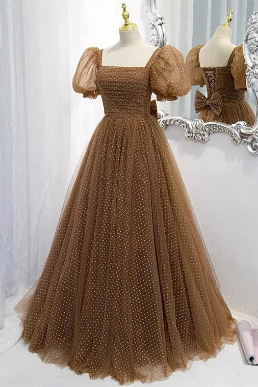Overstock Brown Short Sleeve Long Formal Dress with White Dots