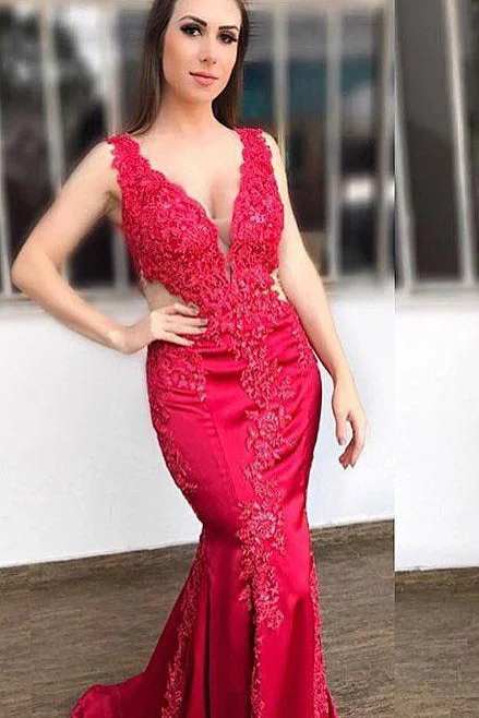 Big Savings Mermaid V-Neck Lace Appliques Long Red Prom Dress