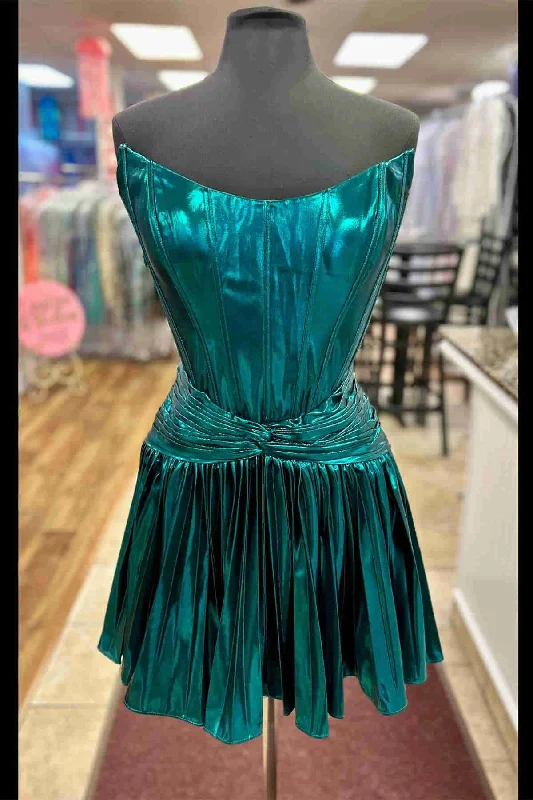 Act Fast Strapless Green Metallic Pleated A-Line Homecoming Dress