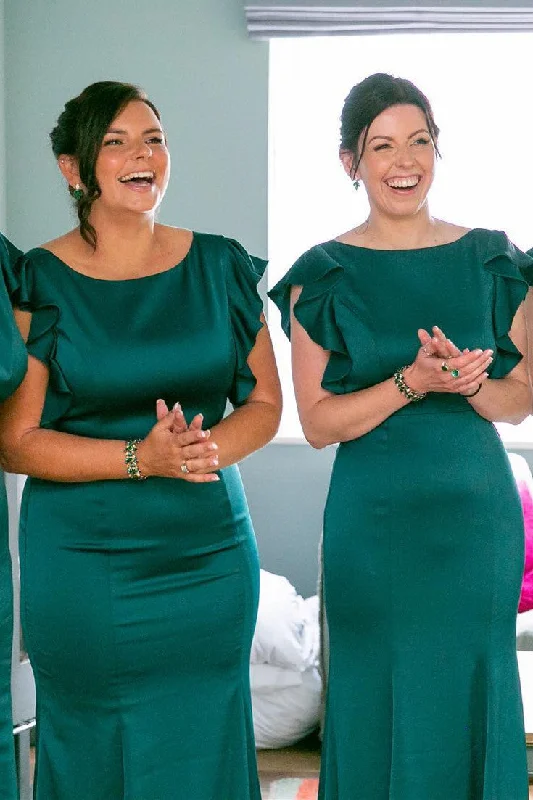 Stock Clearance Elegant Emerald Green Crew Neck Long Bridesmaid Dress