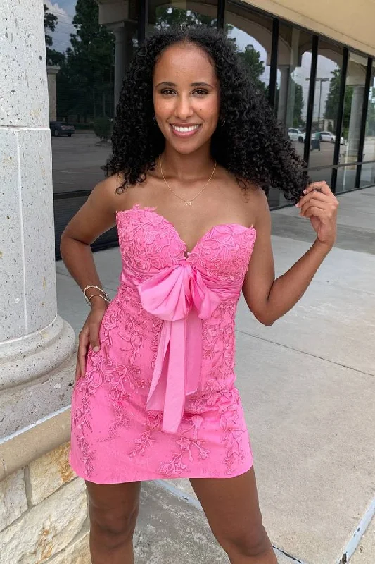 Overstock Sale Pink Strapless Bodycon Applique Homecoming Dress with Bow