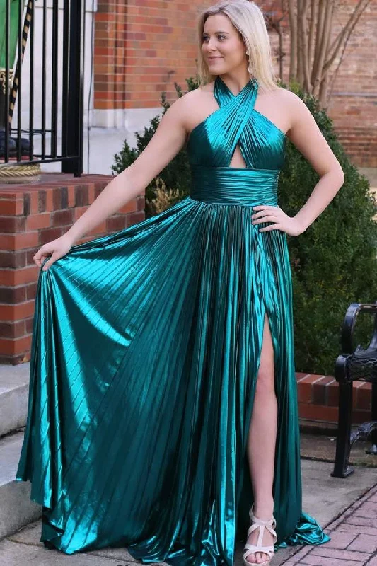 New Deals Emerald Green Metallic Key Hole Pleated Gown with Slit