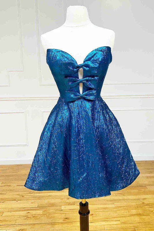 Holiday Sale Glitter Strapless Peacock Short Party Dress with Bow