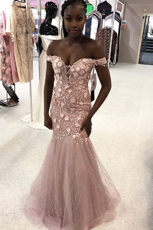 Discount Extravaganza Elegant Off Shoulder Appliques Mermaid Pink Long Prom Dress