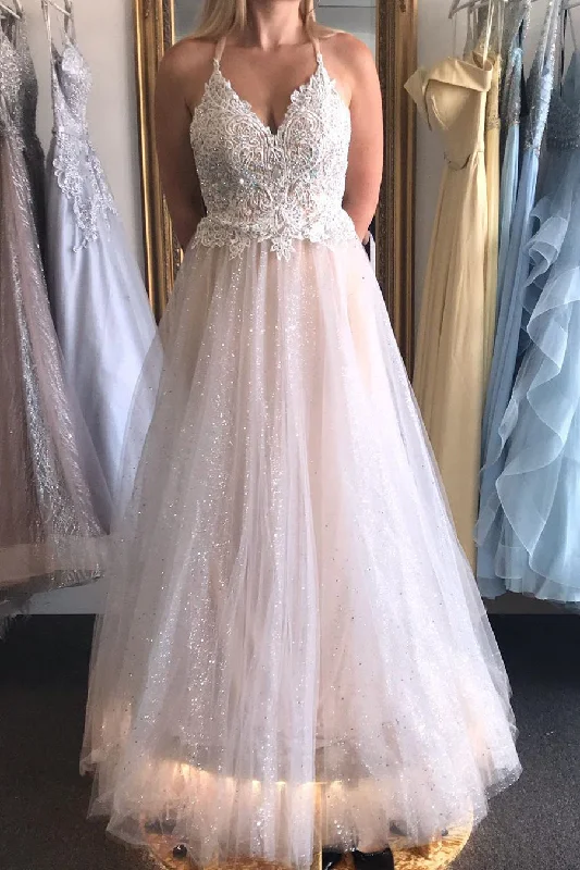 Doorbuster Deal Glitter V-Neck Lace Top Prom Dress with Criss Back