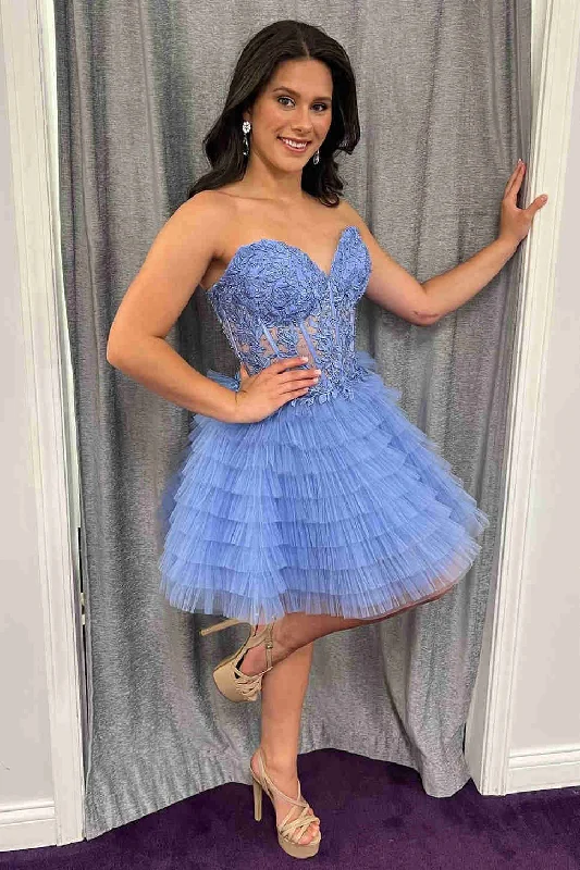 Holiday Sale Sweetheart Periwinkle Corset Ruffle Homecoming Dress with Appliques