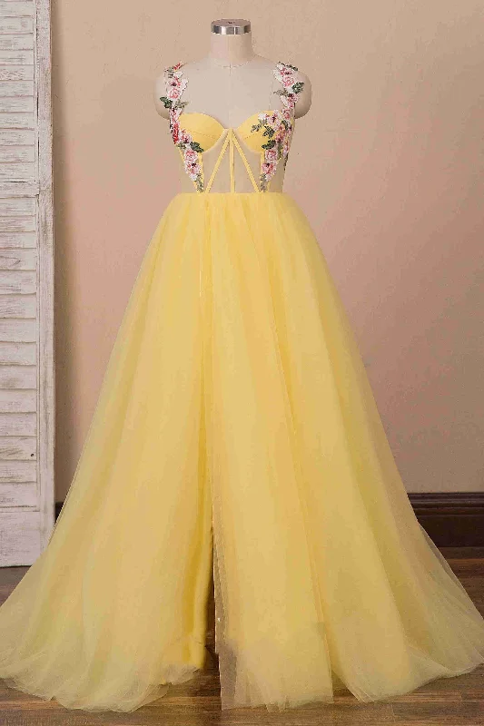 Low Prices A-line High Slit Yellow Tulle Prom Dress with Flower Appliques