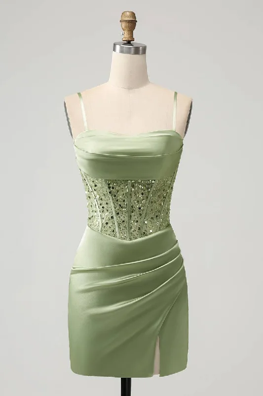 Flash Sale Straps Sage Green Fitted Mini Homecoming Dress with Sequin