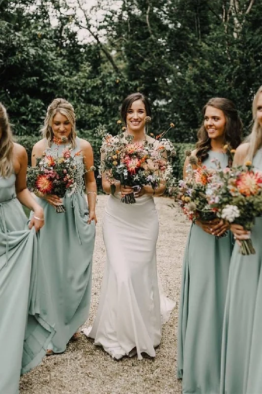 Discount Days Crew Neck A-Line Sage Green Long Bridesmaid Dress
