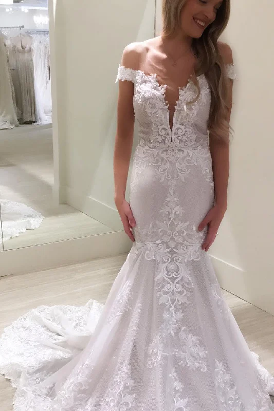 Deal Alert Long Off-the-Shoulder Mermaid White Wedding Dress with Lace