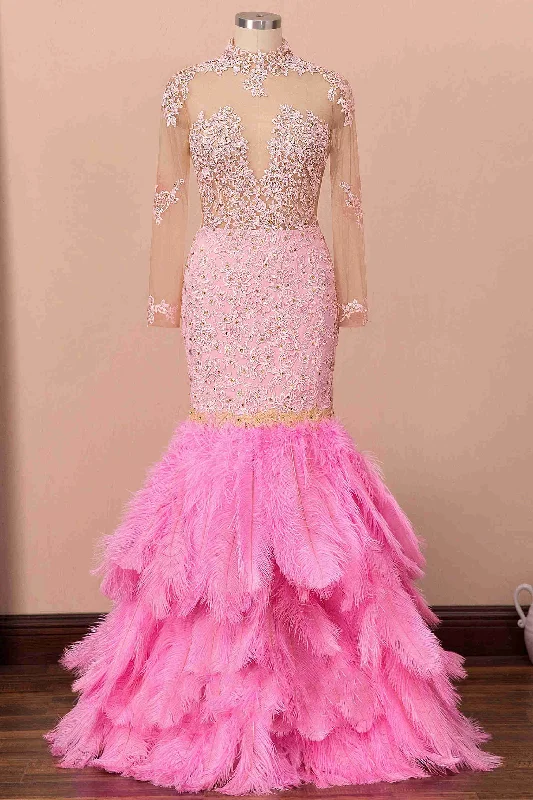 Sale Event Mermaid Illusion Neck Pink Lace Prom Dress with Fur