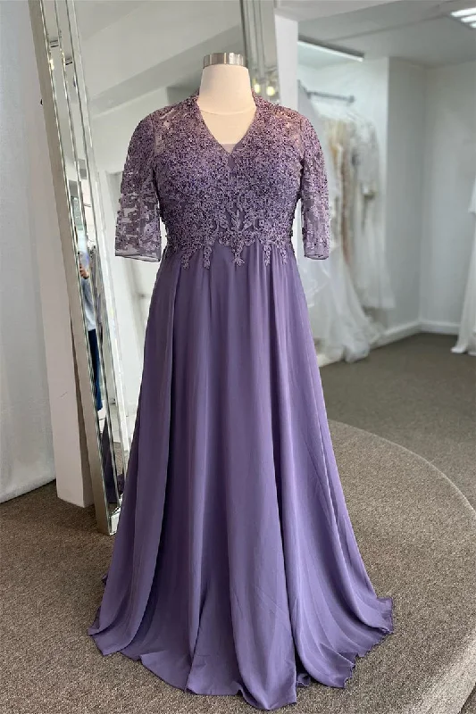 Buy Now V Neck Lavender Lace Appliques Long Mother of Bride Dress with Rhinestones