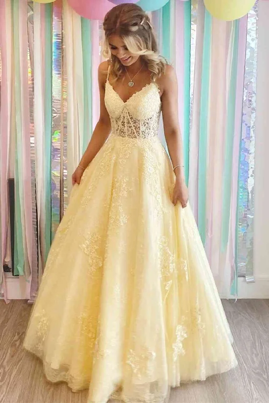 Savings Alert Lace-Up Yellow V-Neck Appliques A-Line Long Formal Dress