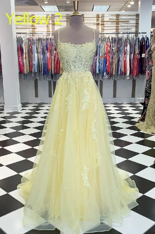 Year-End Sale Elegant Straps Yellow Long Prom Dress with Lace Appliques