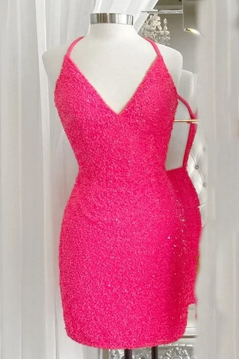 Instant Discount Hot Pink Sequined Open Back Mini Homecoming Dress