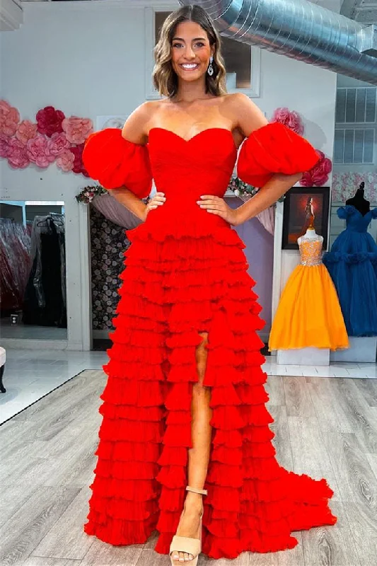 Final Sale Sweetheart Red Tiered Tulle Prom Dress with Balloon Sleeves