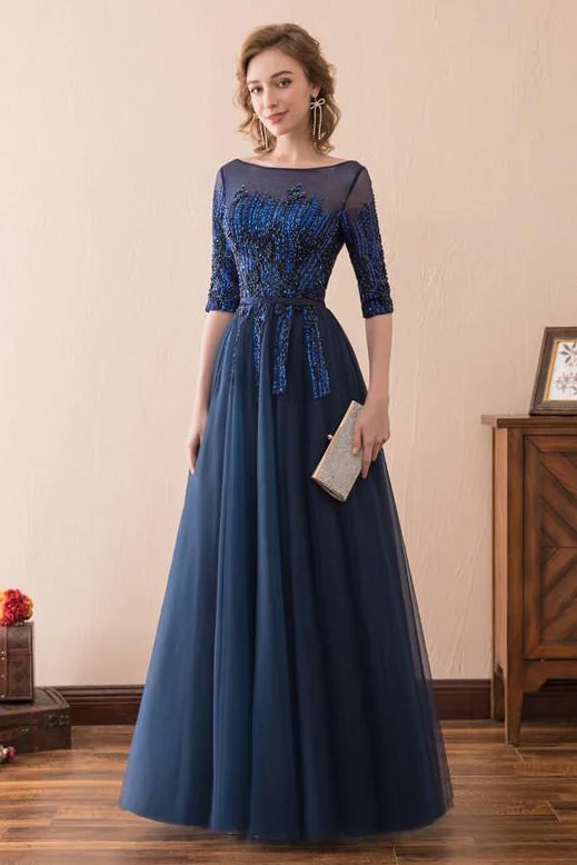 Deal Zone Half Sleeves Tulle Navy Blue Long Prom Dress with Sequins