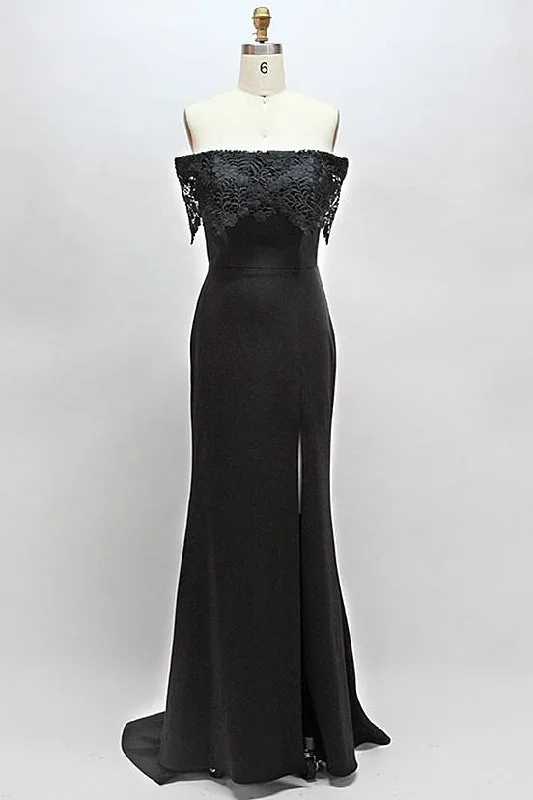 Special Discount Black Lace Off-the Shoulder Long Bridesmaid Dress with Slit