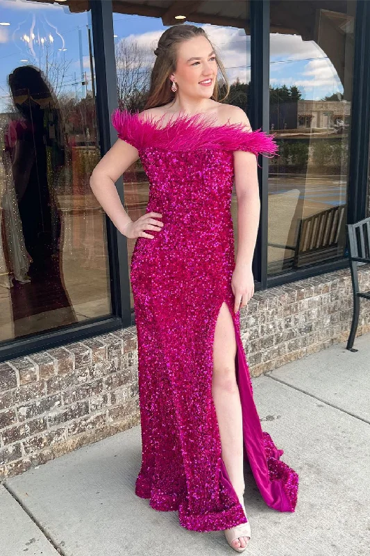 Fantastic Offers Fuchsia Off-the-Shoulder Sequins Feathers Long Prom Dress with Slit