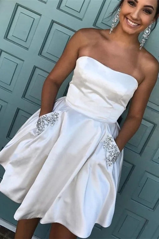 Year-End Sale Strapless White Homecoming Dress with Beaded Pockets