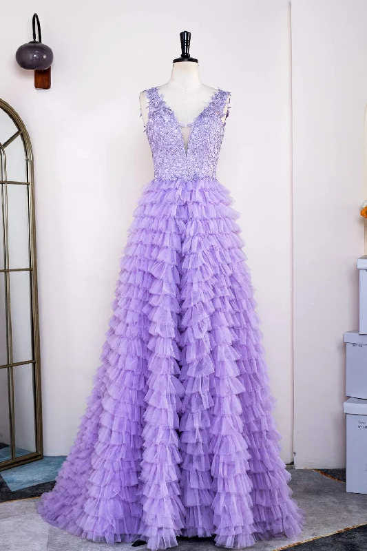 Bargain Bin V-Neck Lavender Appliques Layered Prom Dress with Slit
