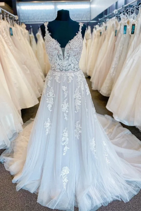 Seasonal Sale V-Neck Backless White Long Wedding Dress with Appliques