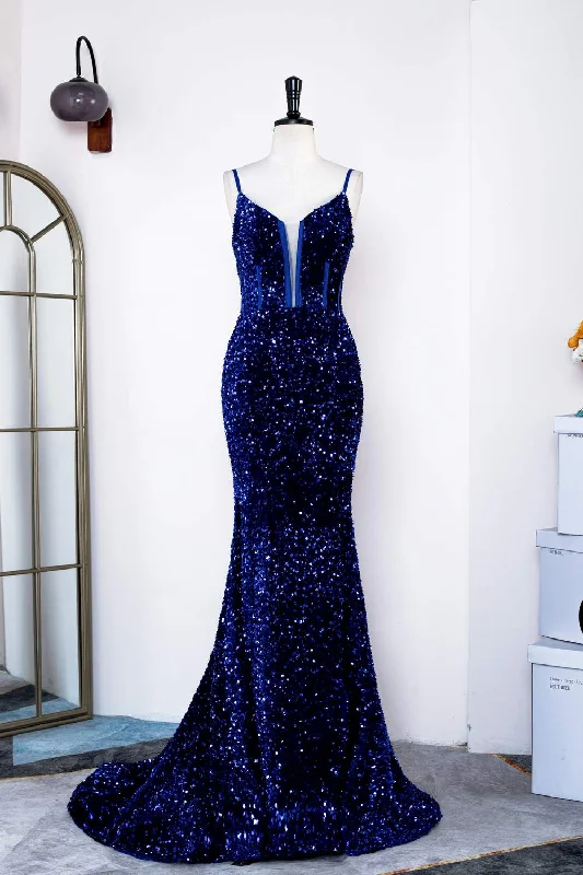 Exclusive Deal Mermaid Royal Blue Straps Sequin Long Prom Dress