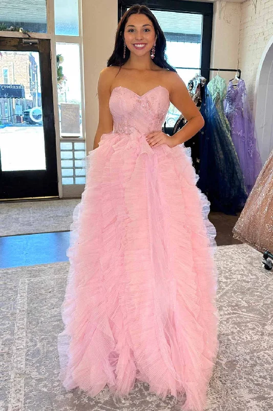 Exclusive Savings Princess Sweetheart Pink Ruffle Tulle Long Prom Dress