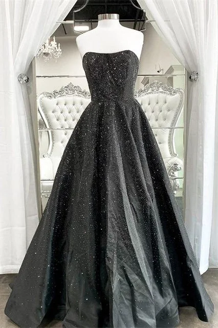 Deal Dash Elegant Strapless Black Long Prom Dress with Crystals